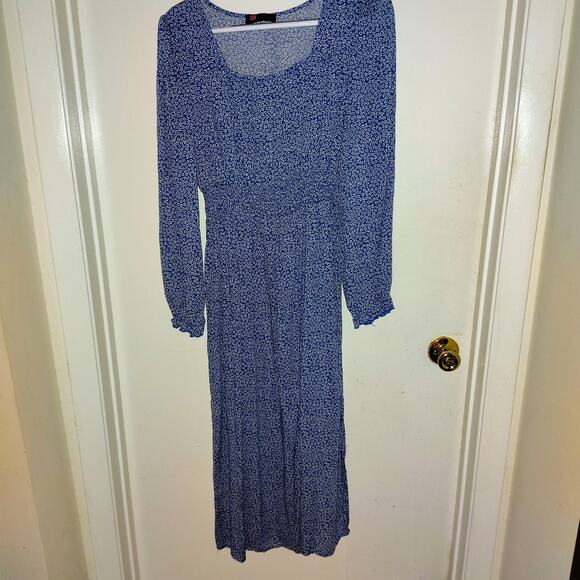 Smocked Blue Maxi Dress with White Floral Print & Side Slits – Kancy Kole, Sz SM - Picture 1 of 11